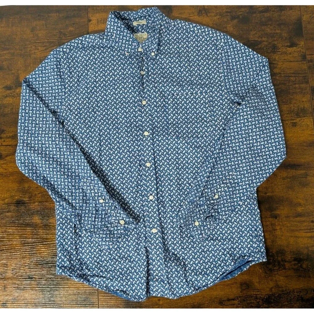 J. Crew Secret Wash Shirting‎ Shirt Floral Leaf Pattern Large Blue Mens Preppy